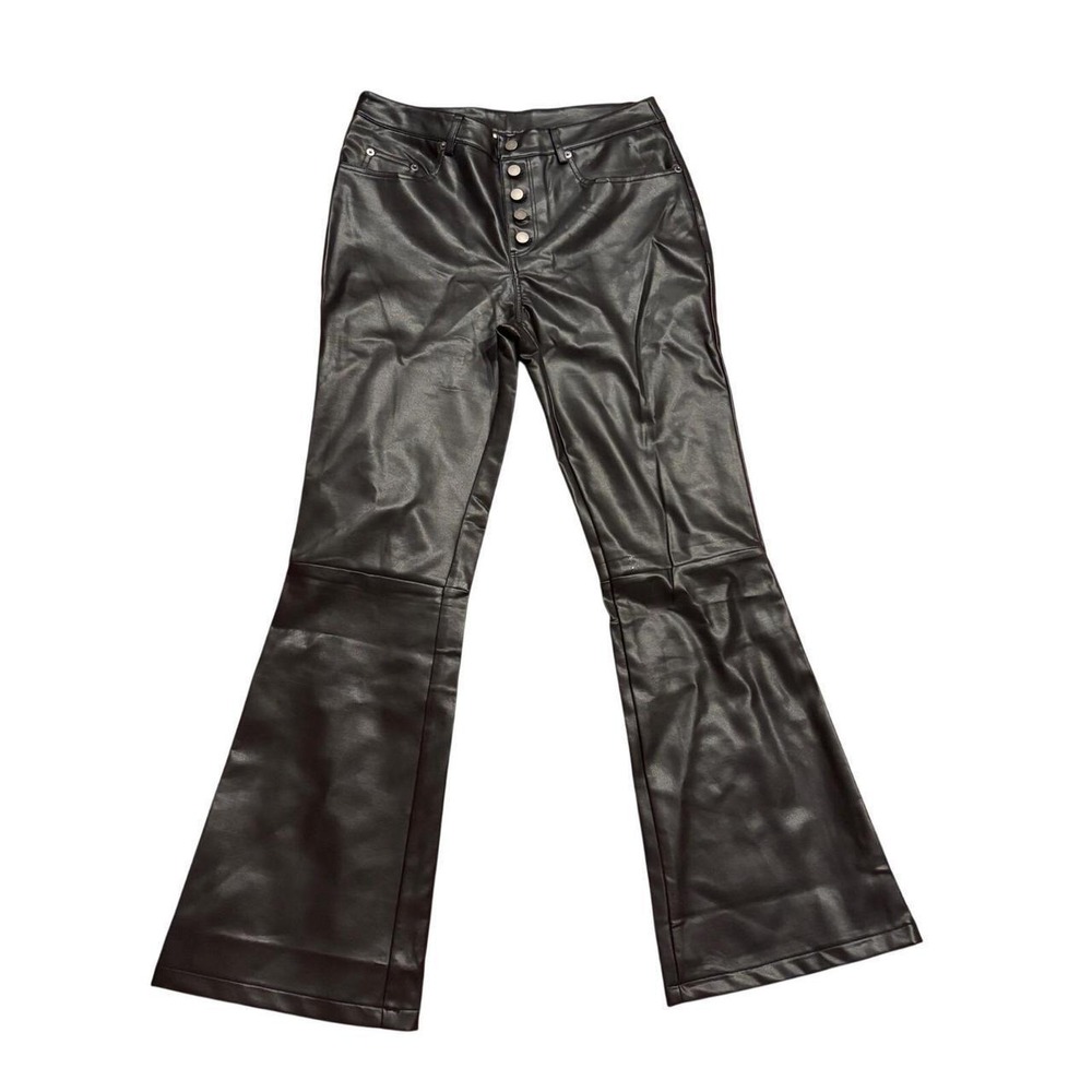 Black Faux Leather High Waisted Flare Pants Button Fly 5-Pocket Slim Fit